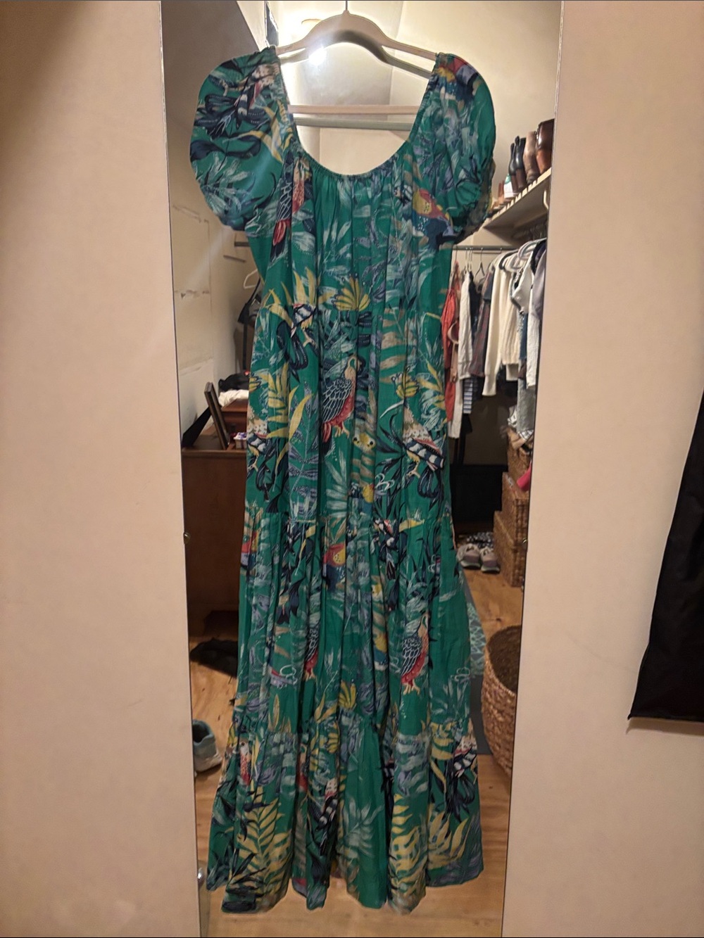 Anthropologie Maeve Sz Med Green Tropical Maxi Dress with Puff Sleeves - Picture 9 of 14